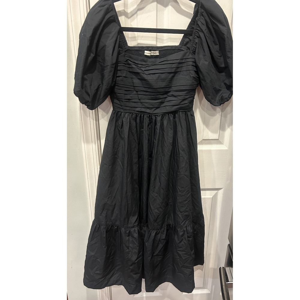 Abercrombie & Fitch Emerson Poplin Puff Sleeve Midi Dress XSP Black Linen Cotton